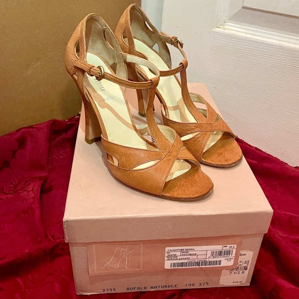 Miu Miu T-Strap, Open Toe, Naturale Leather Shoes - Sz 7.5 - Picture 4 of 11